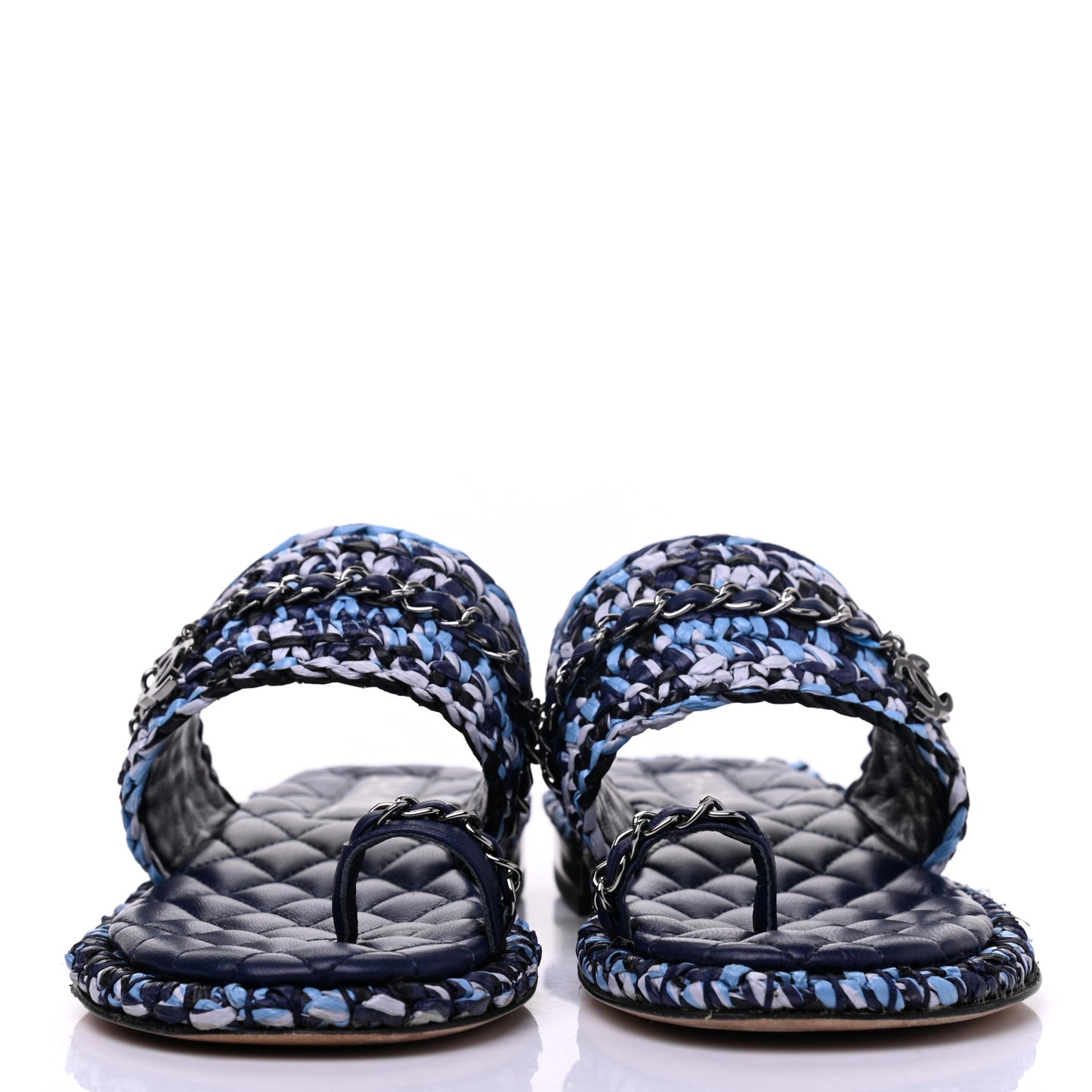 Lambskin Raffia Chain Flat Sandals 36 Blue Black