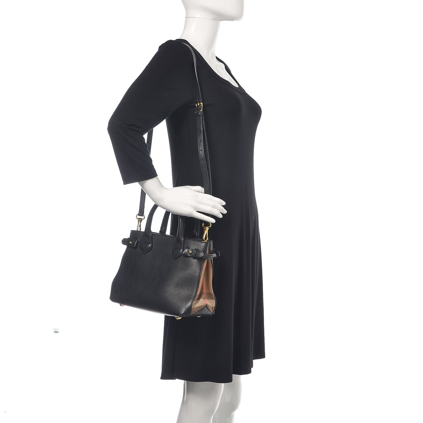 Calfskin House Check Small Banner Tote Black