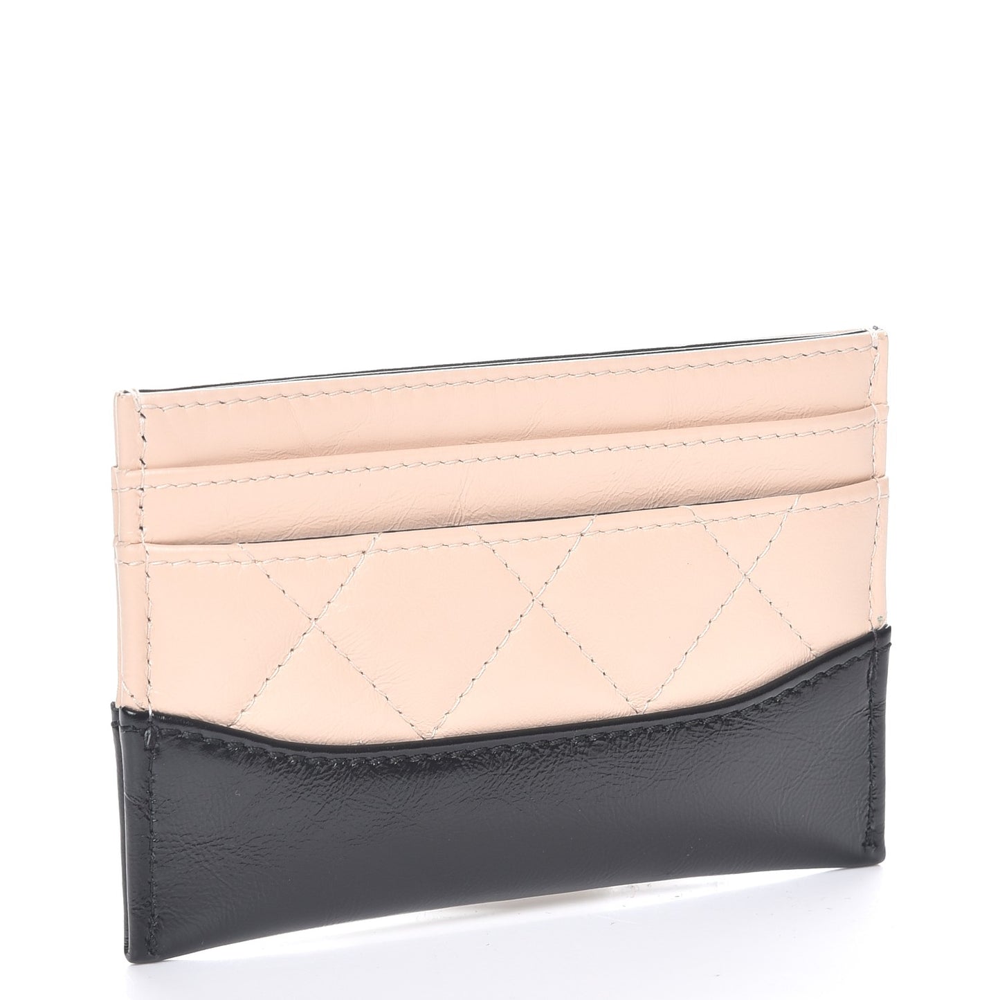 Aged Calfskin Quilted Gabrielle Card Holder Wallet Beige Black