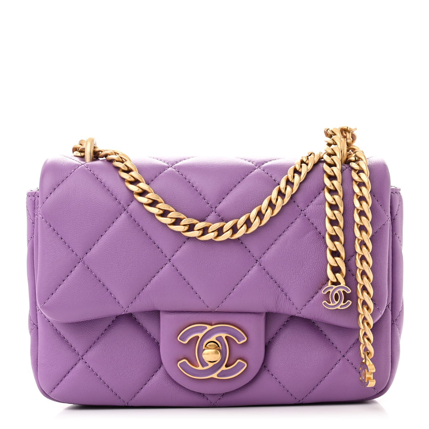 Lambskin Enamel Quilted Mini Pending CC Square Flap Purple