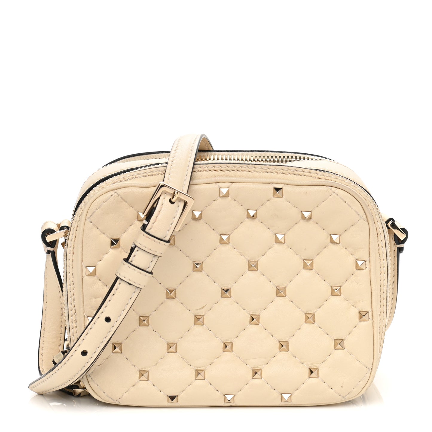 Nappa Rockstud Spike Double Zip Camera Crossbody Bag Light Ivory