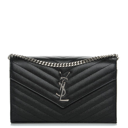 Saint Laurent Grain De Poudre Matelasse Chevron Monogram Chain Wallet Black 1 of 7
