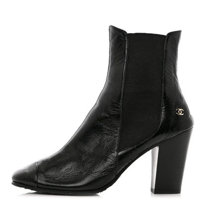 Chanel Lambskin Patent Cap Toe Ankle Boots 37 Black 1 of 8