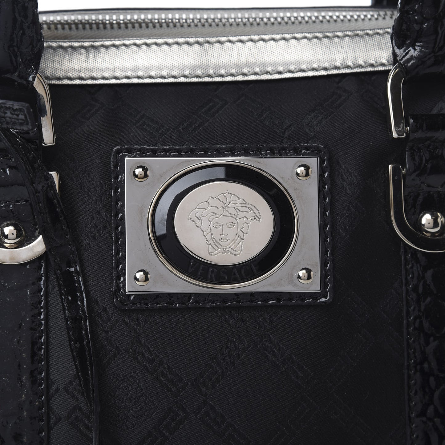 Saffiano Crocodile Embossed Calfskin Nylon Madonna Satchel Black Silver