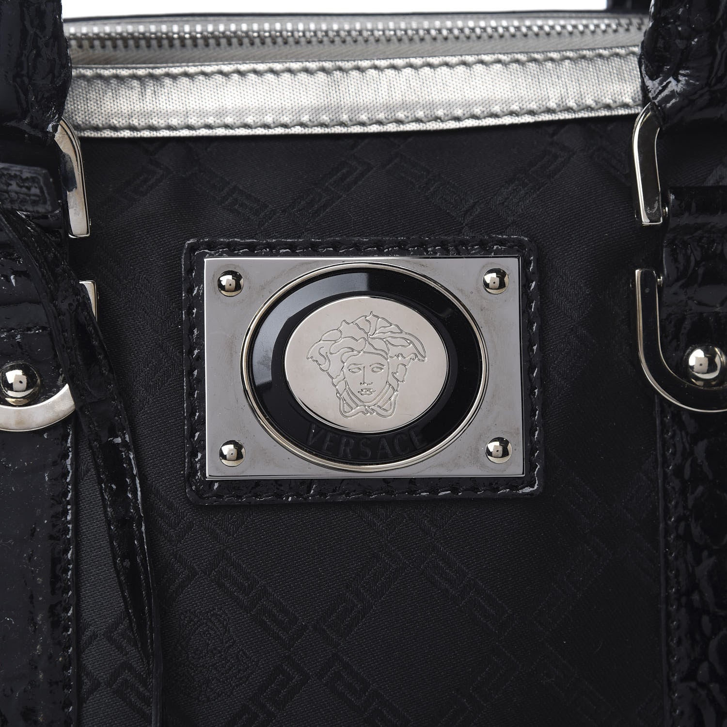 Versace Saffiano Crocodile Embossed Calfskin Nylon Madonna Satchel Black Silver 10 of 11