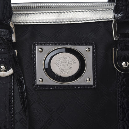 Versace Saffiano Crocodile Embossed Calfskin Nylon Madonna Satchel Black Silver 10 of 11