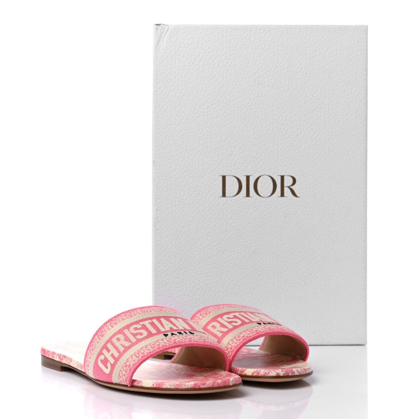 Canvas Toile de Jouy Embroidered Dway Flat Slide Sandals 37 Off White Pink