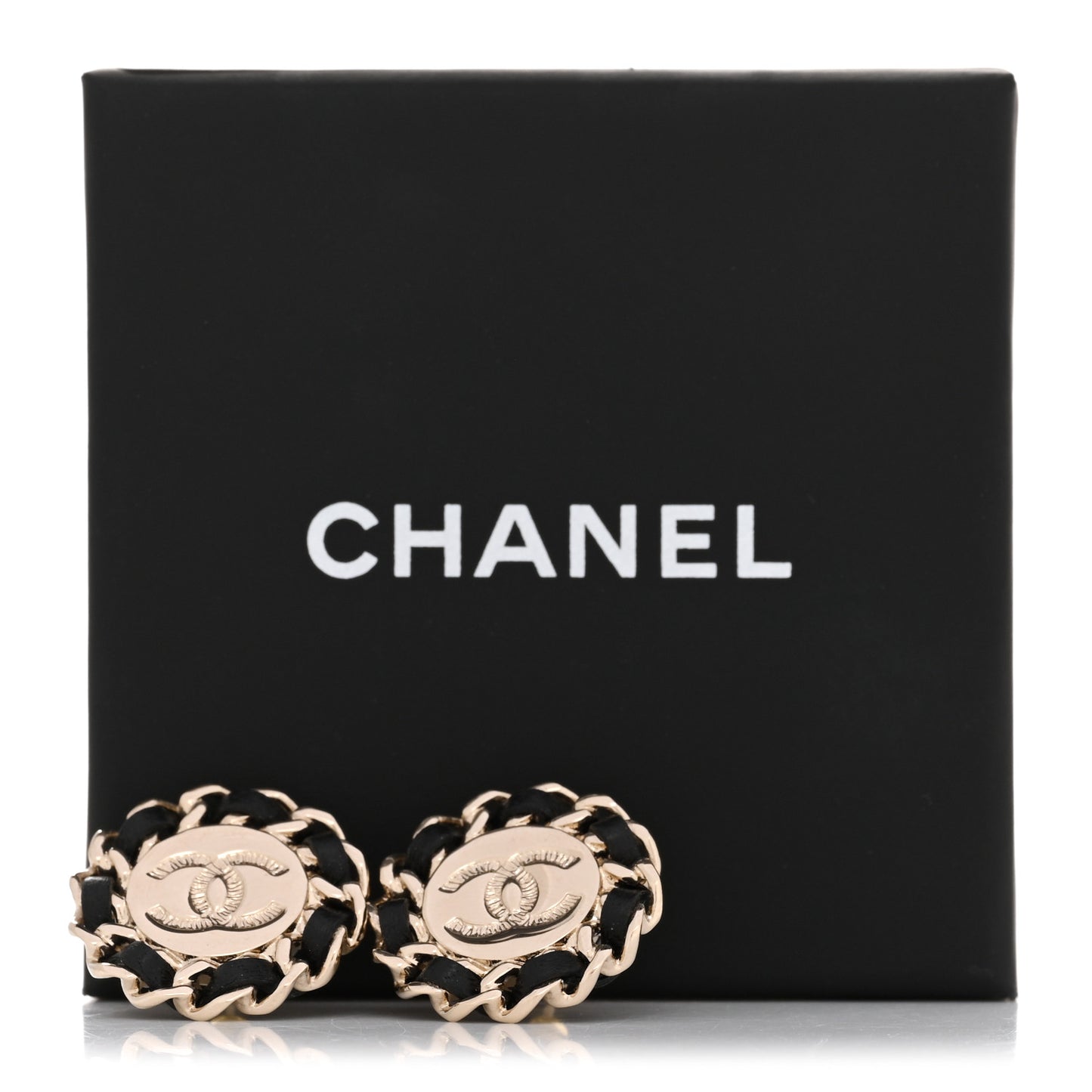 Crystal Lambskin Chain CC Stud Earrings Black Gold