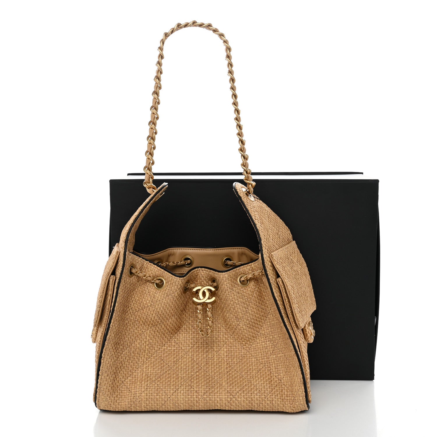 Chanel Braided Raffia Calfskin Small Chanel 25 Handbag Beige Black 10 of 10