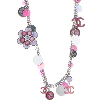 Chanel Enamel Plastic Flower Disc CC Necklace Pink Silver 2 of 12
