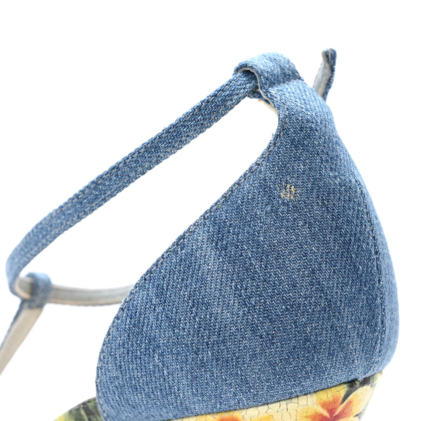 Denim Crackled Calfskin Hawaii Print Senora 100 Sandals 41 Blue White