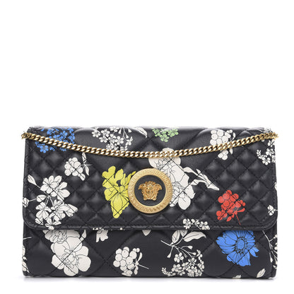 Versace Calfskin Icon Bouquet Quilted Wallet On Chain Crossbody Black 1 of 11