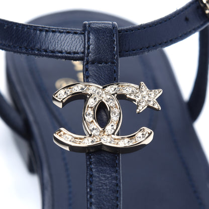 Chanel Lambskin Crystal CC Thong Sandals 37 Navy 8 of 10