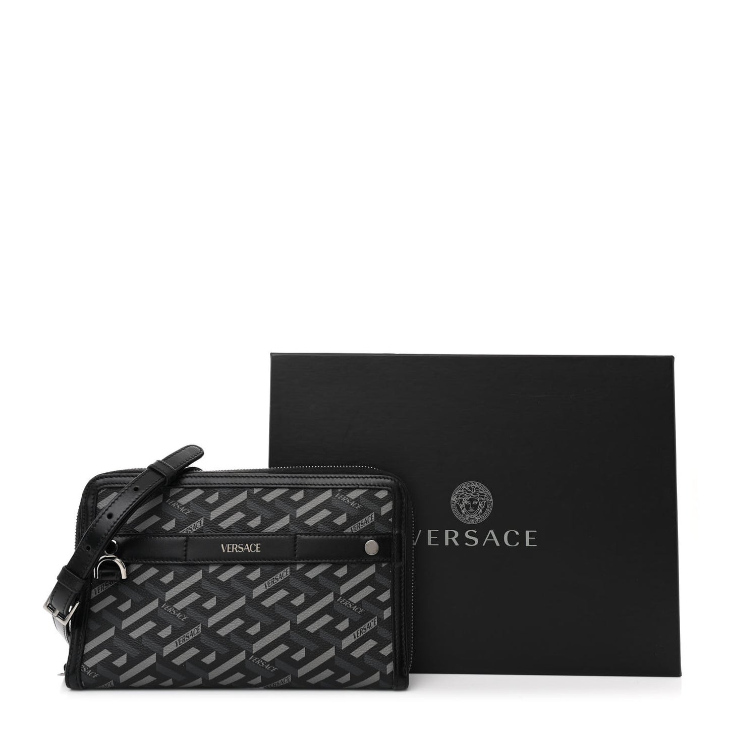 Coated Canvas La Greca Signature  Black Gray