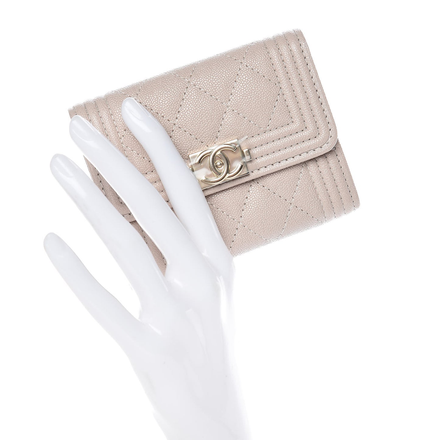 Iridescent Caviar Quilted Boy Card Holder Wallet Beige