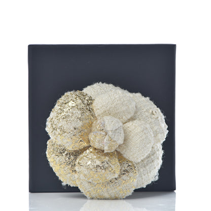 Chanel Metallic Tweed CC Camellia Brooch Gold Ivory 4 of 4