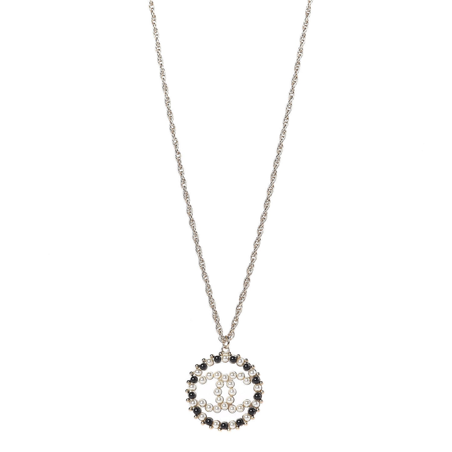 Pearl Bead CC Medallion Necklace Gold Pearly White Black