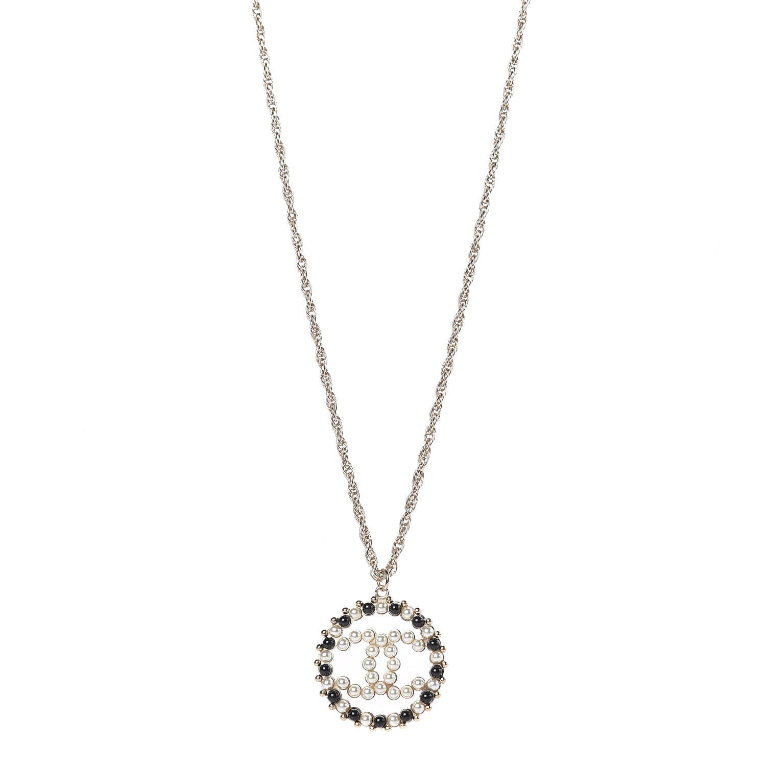 Chanel Pearl Bead CC Medallion Necklace Gold Pearly White Black 1 of 6
