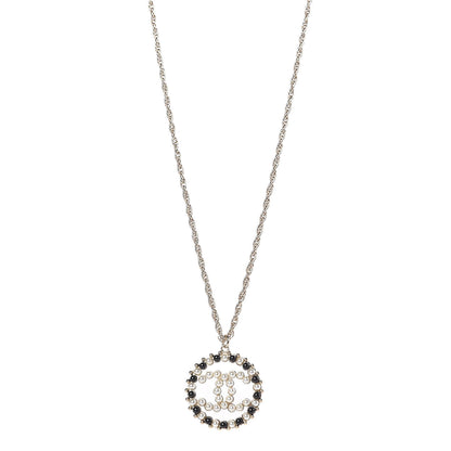 Chanel Pearl Bead CC Medallion Necklace Gold Pearly White Black 1 of 6