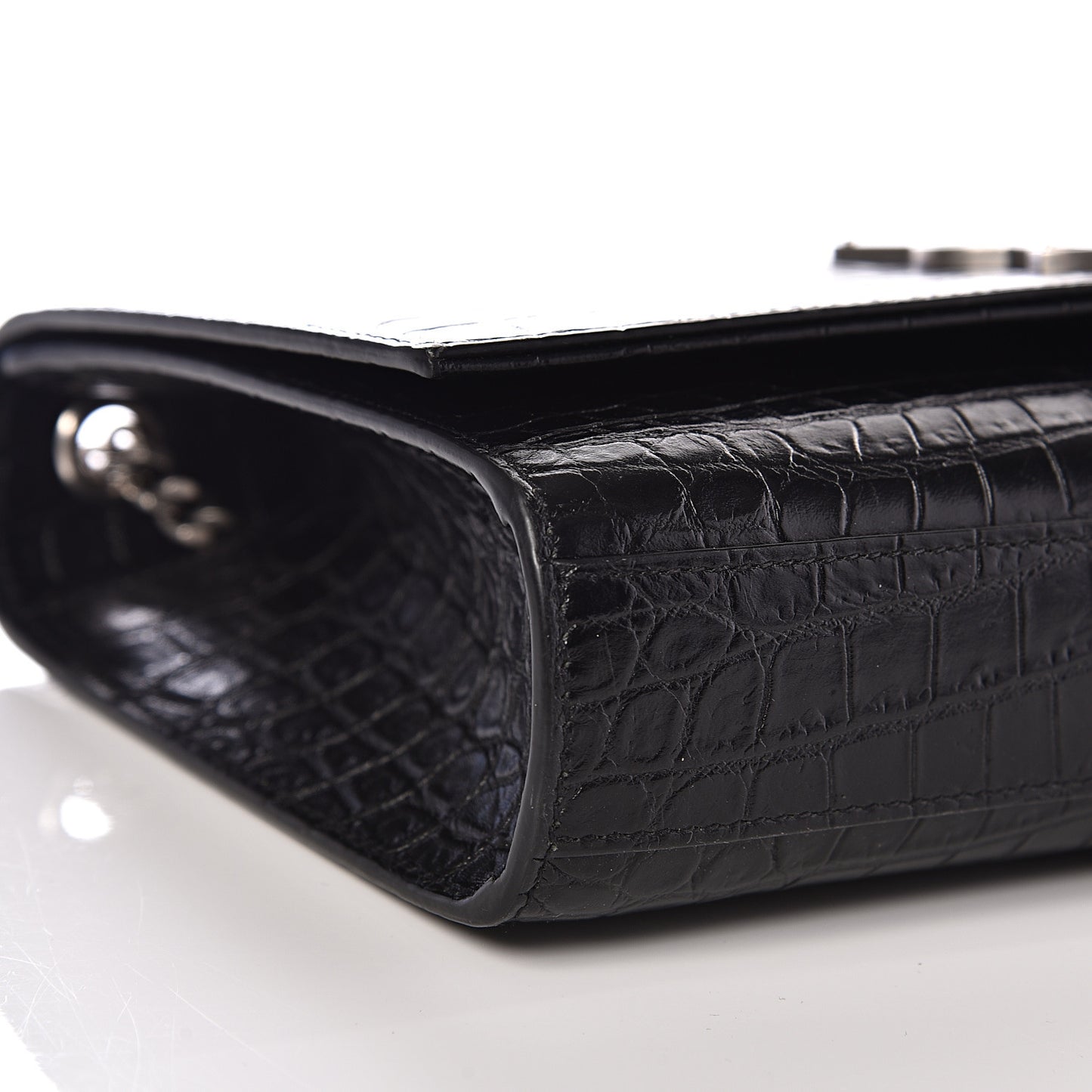 Calfskin Crocodile Embossed Medium Classic Monogram Kate Tassel Satchel Black