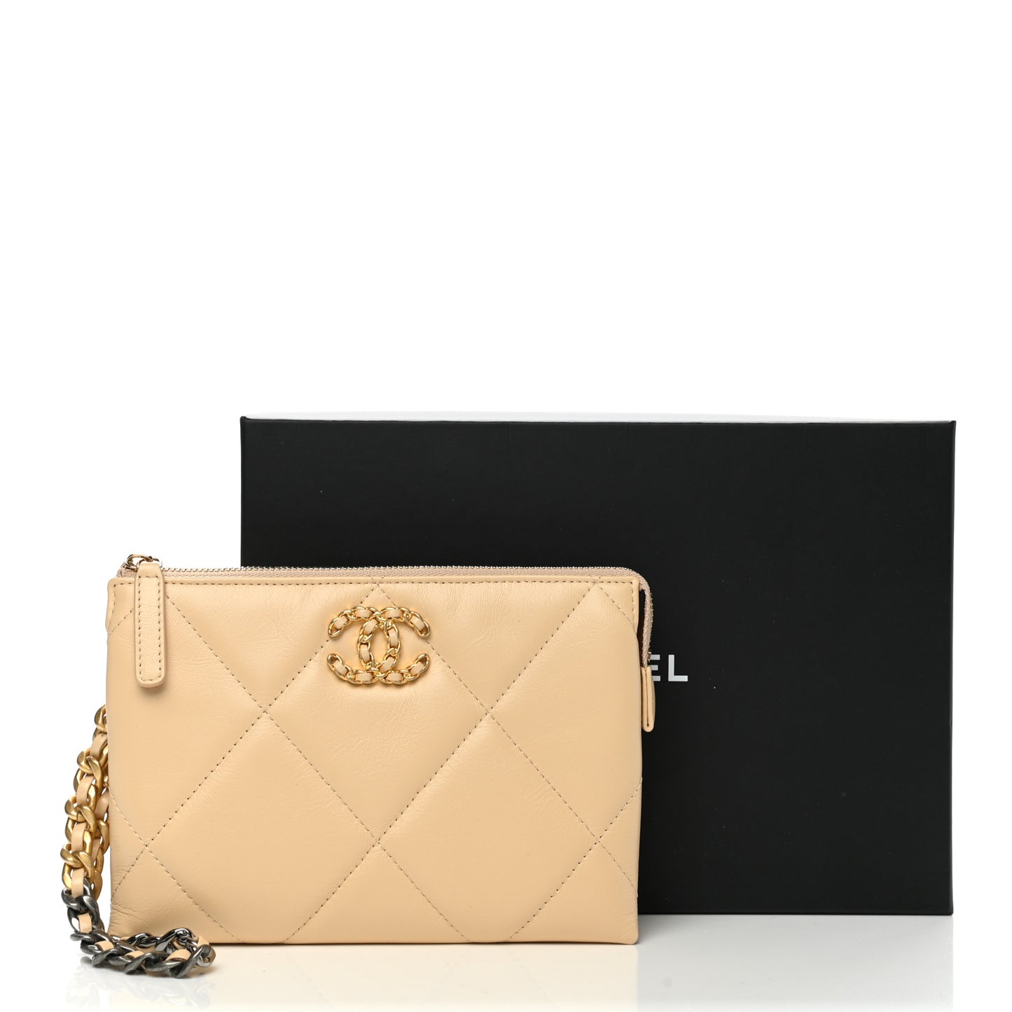 Shiny Goatskin Quilted Small Chanel 19 Pouch With Handle Beige