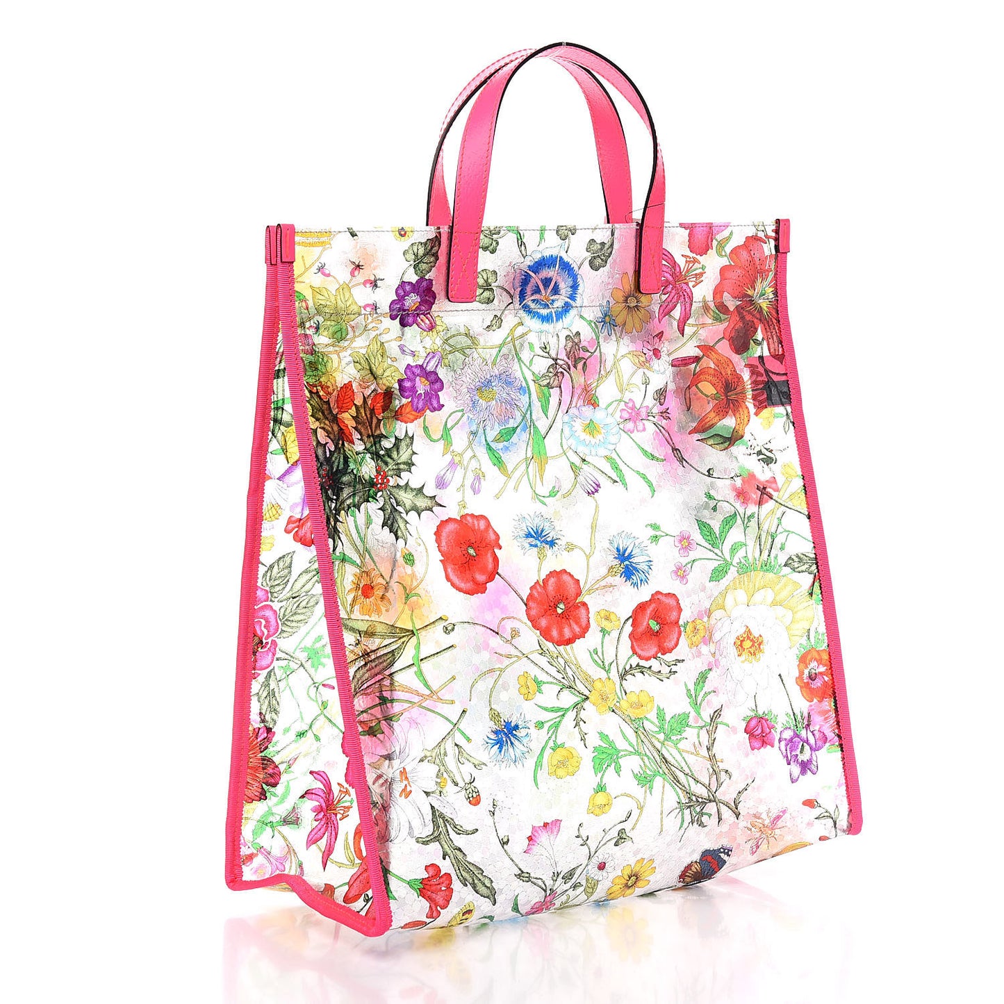 Calfskin Textured Vinyl Print Flora Tote Fluorescent Fuchsia