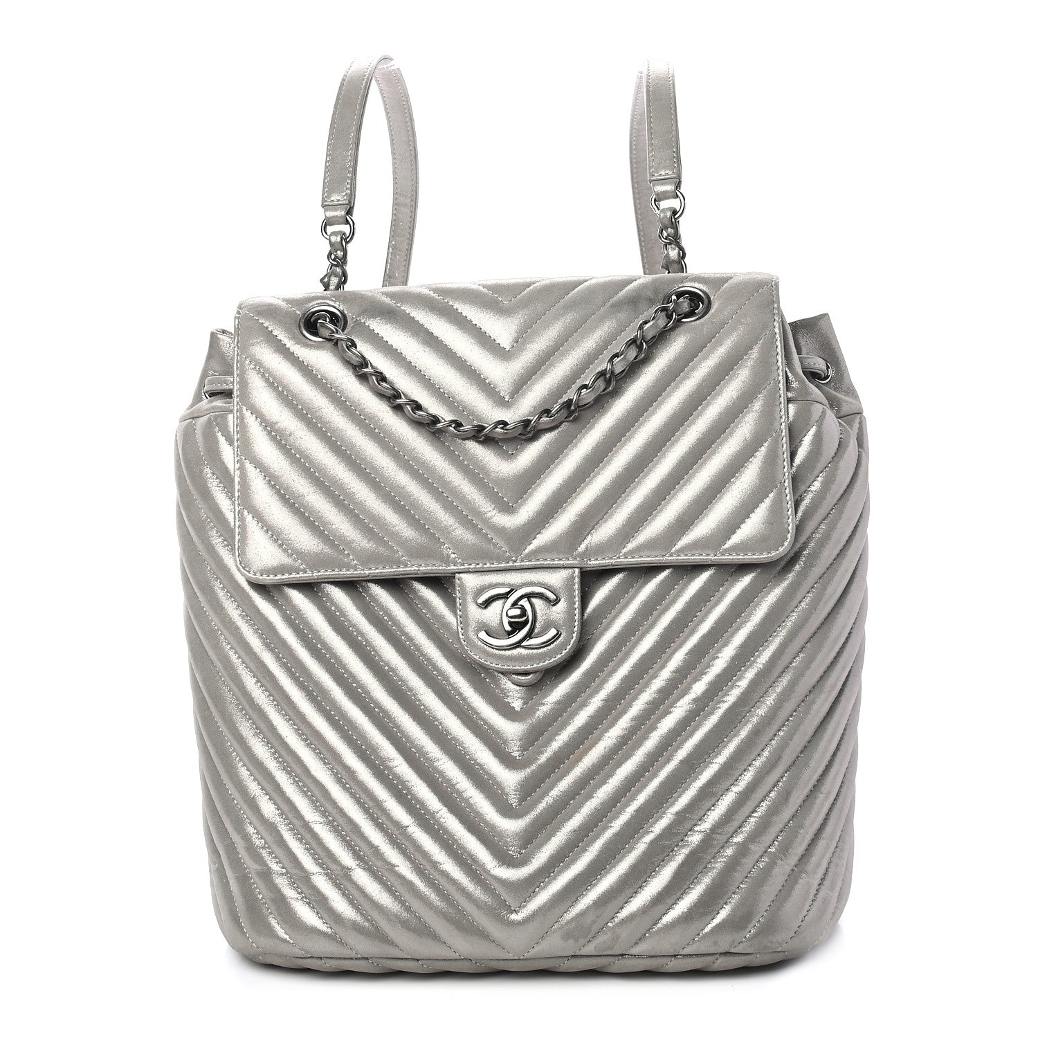 Chanel Metallic Calfskin Chevron Quilted Urban Spirit Backpack Silver 1 of 9