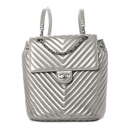 Chanel Metallic Calfskin Chevron Quilted Urban Spirit Backpack Silver 1 of 9