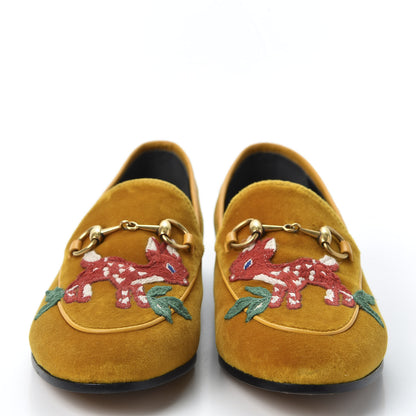 Gucci Softy Velvet Malaga Kid Deer Embroidered Jordaan Loafers 36 Senape Crop 3 of 11