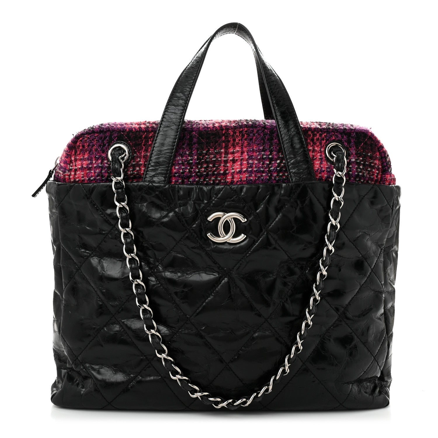 Chanel Glazed Calfskin Quilted Tweed Portobello Tote Black Pink 1 of 10