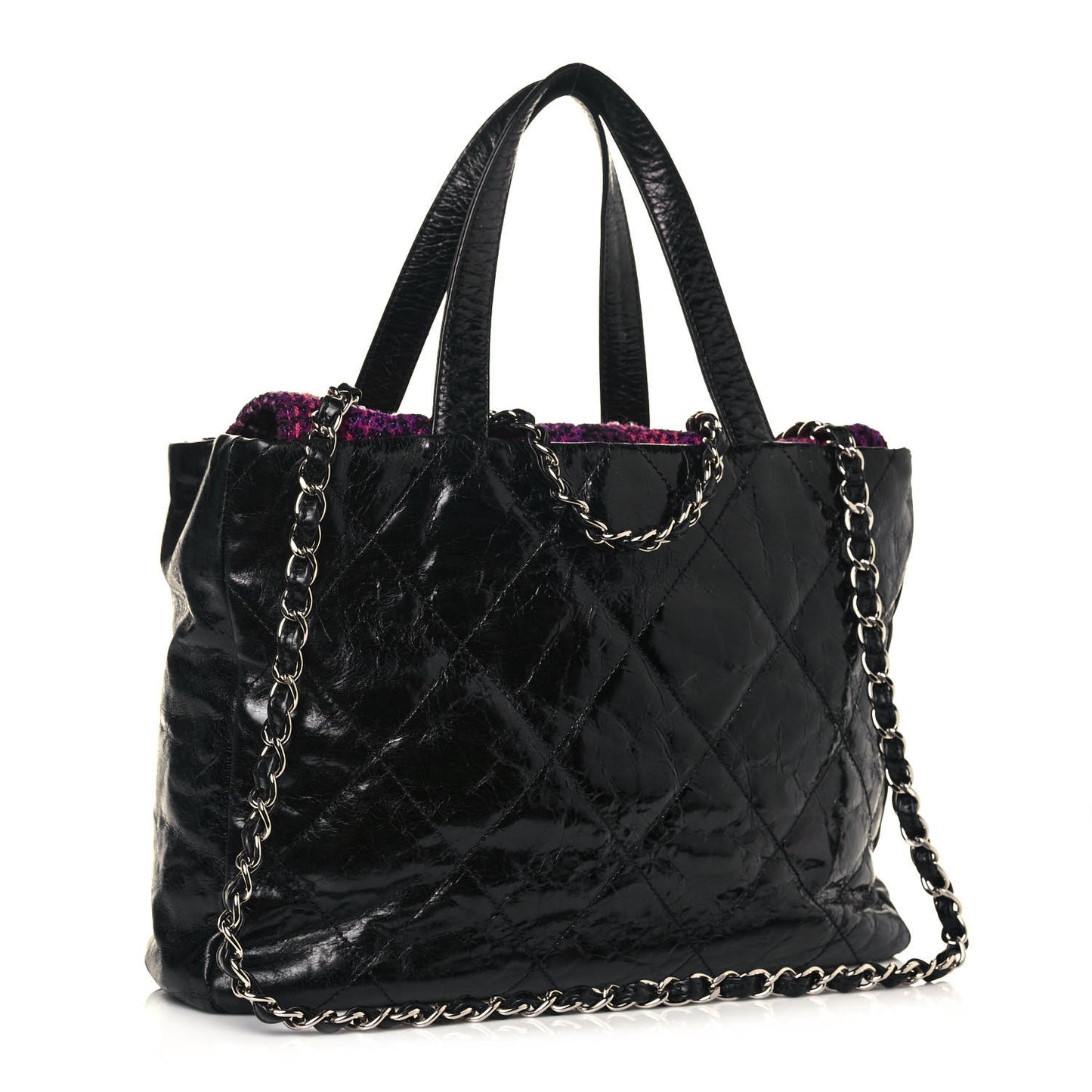 Glazed Calfskin Quilted Tweed Portobello Tote Black Pink