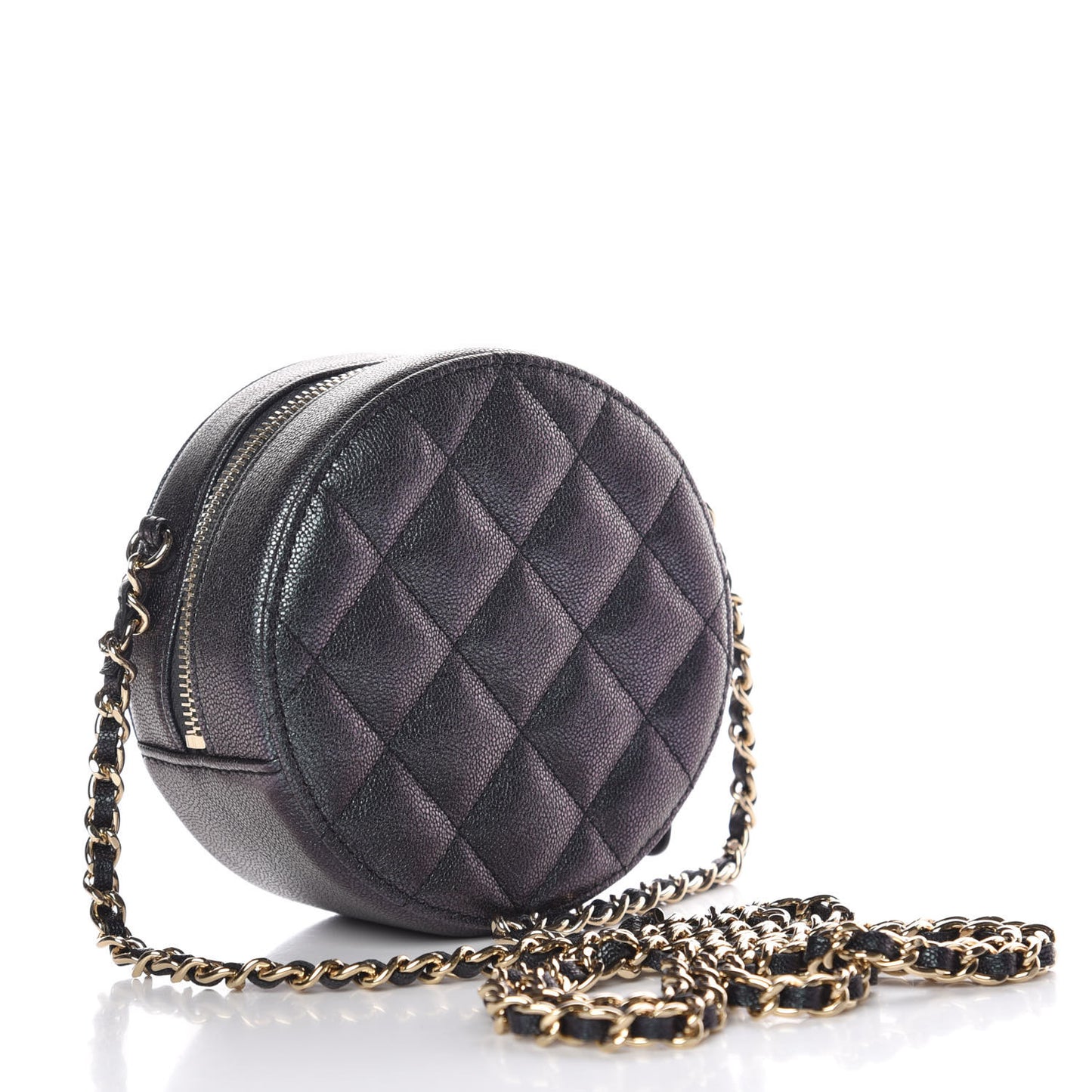 Iridescent Caviar Quilted Round Clutch With Chain Black