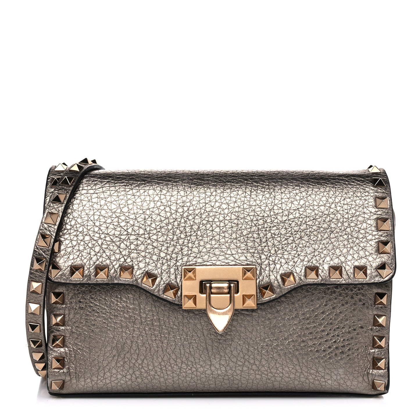 Metallic Pebbled Calfskin Medium Rockstud Flip Lock Crossbody Bag Sasso