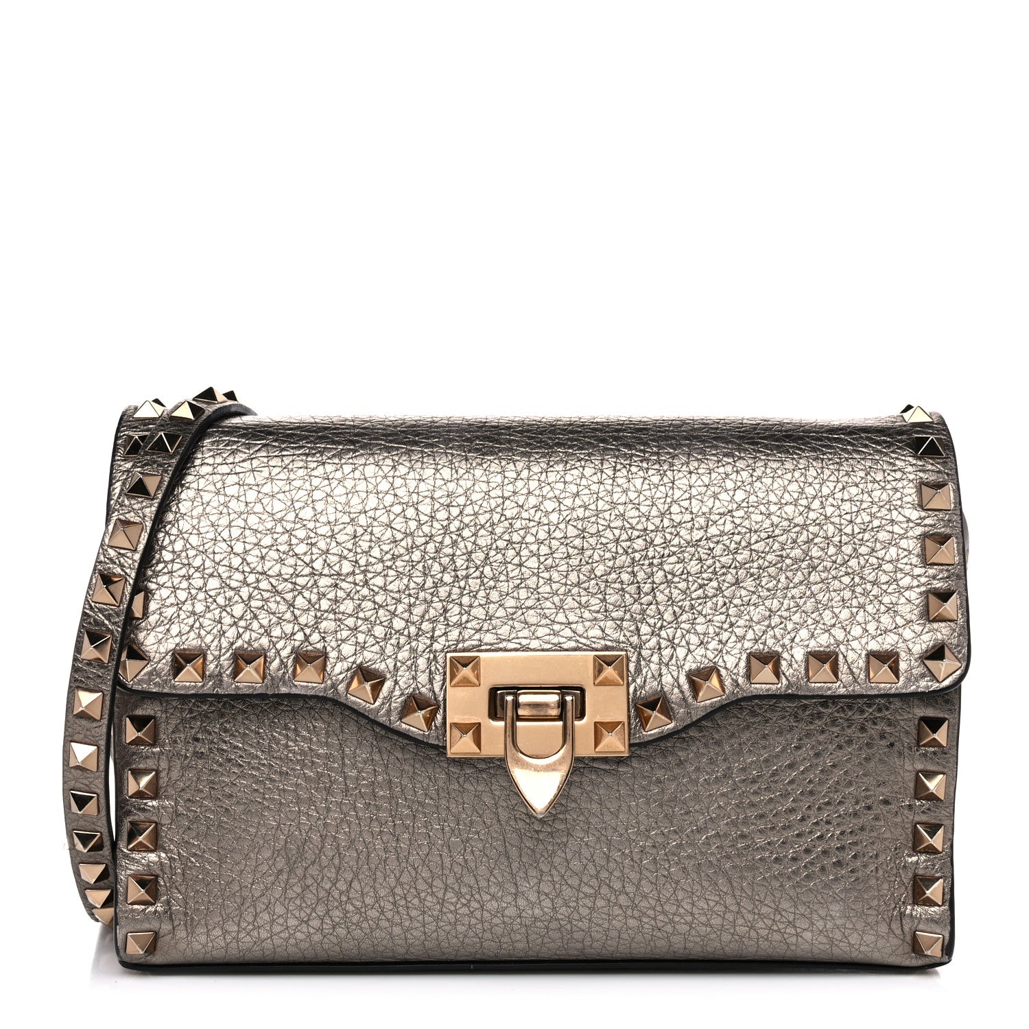 Valentino Garavani Metallic Pebbled Calfskin Medium Rockstud Flip Lock Crossbody Bag Sasso 1 of 12
