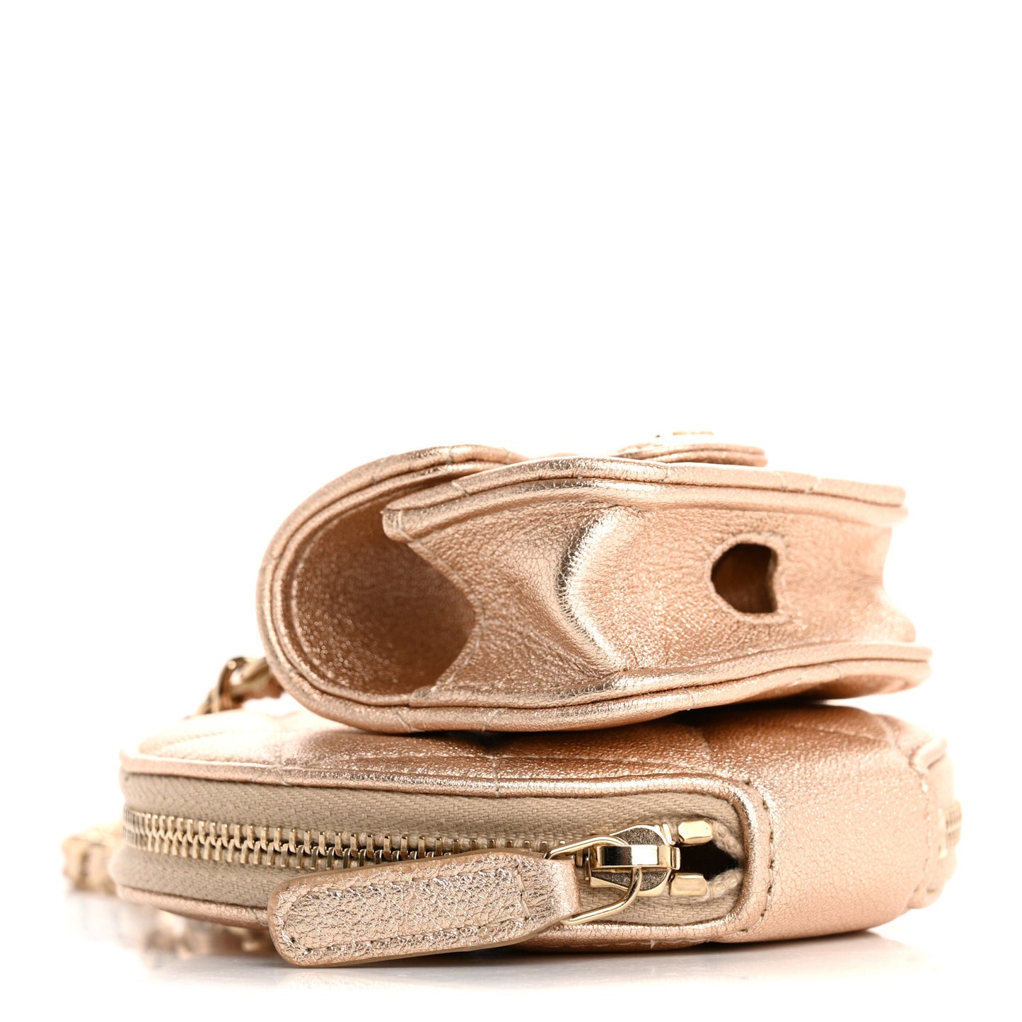 Metallic Lambskin Quilted Round Clip On Coin Purse Airpods Case Gold