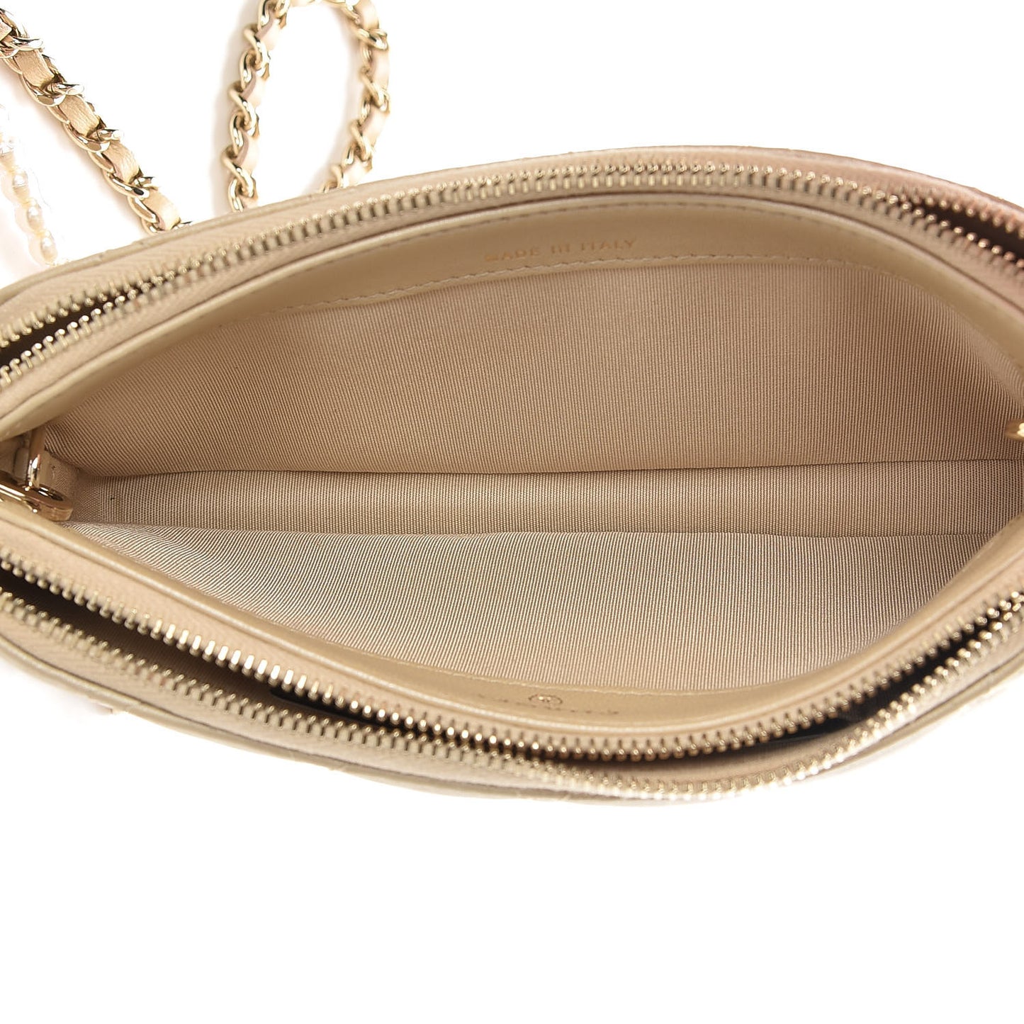 Iridescent Lambskin Quilted Pearl Clutch With Chain Beige