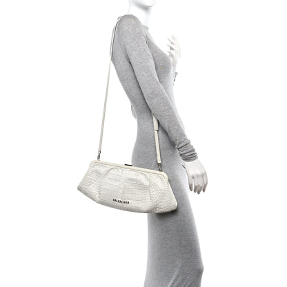 Balenciaga Shiny Supple Calfskin Logo Crocodile Embossed XL Cloud Clutch White 3 of 11
