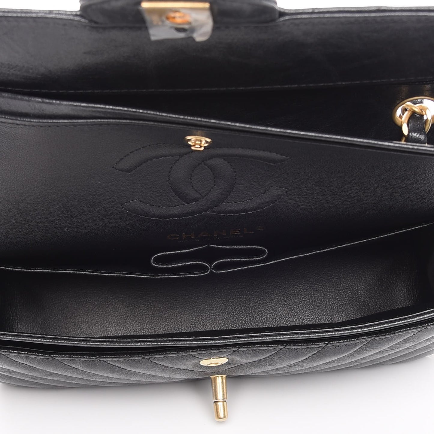 Metallic Crumpled Calfskin Quilted Small Double Flap Black