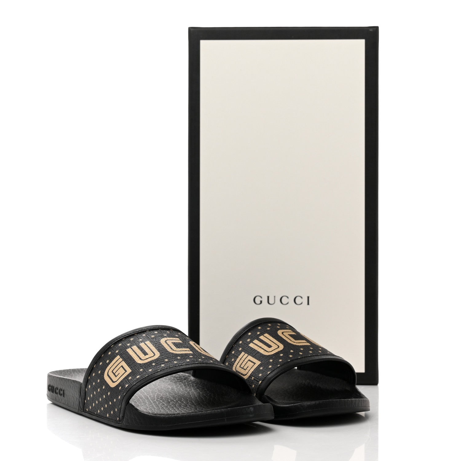 Gucci X SEGA Supreme Canvas GUCCY Stars Womens Slide Sandals 36 Black Gold 8 of 8