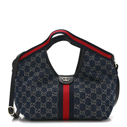 Gucci Denim GG Monogram Web Small Giglio Tote Blue White 1 of 11