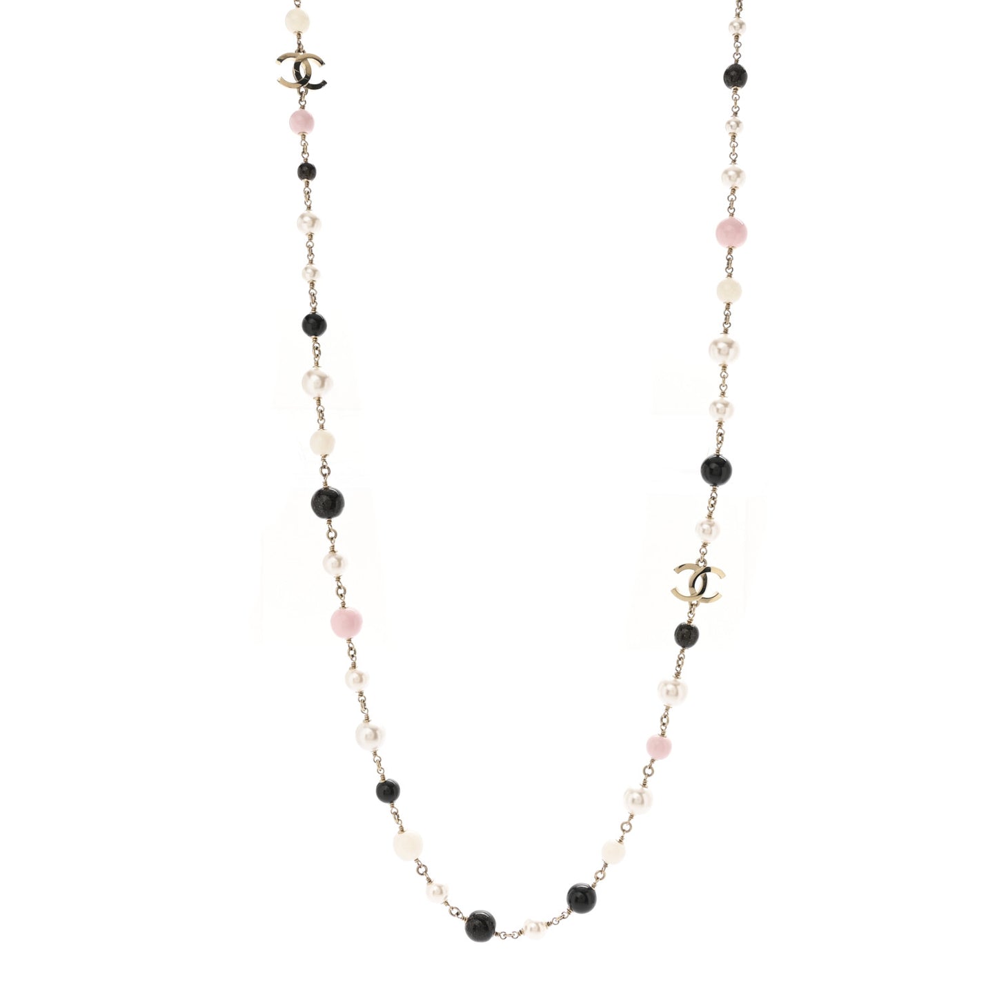 Pearl Beaded CC Long Necklace Gold Black White Pink