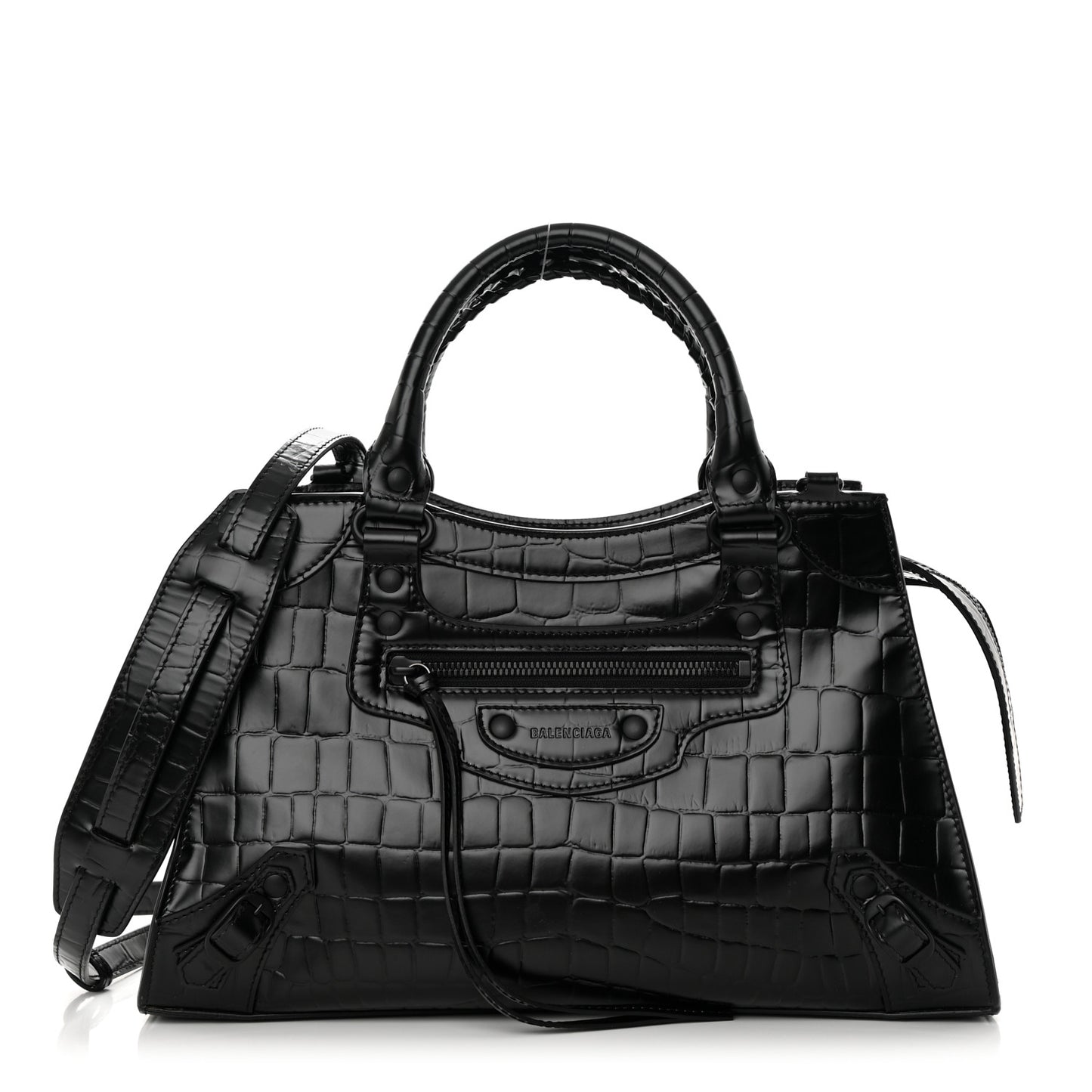 Semi Shiny Calfskin Crocodile Embossed Neo Classic Black Hardware S City Black