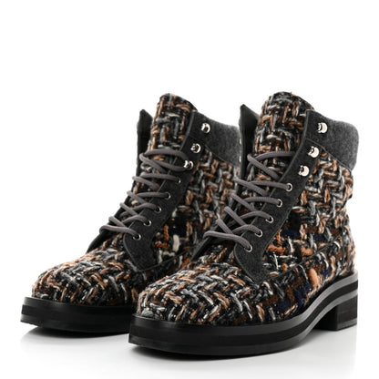 Chanel Tweed Lace Up Short Boots 38 Green Brown Black 3 of 11