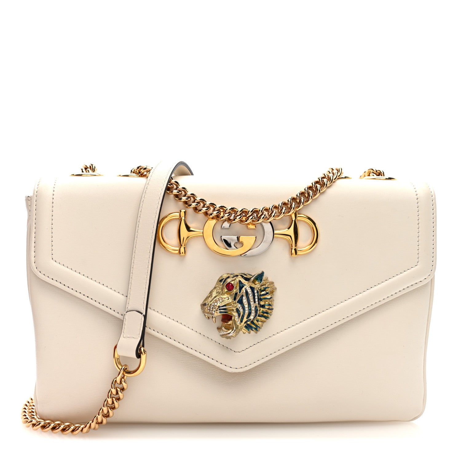 Gucci Vitello Palmellato Lux Crystal Medium Rajah Shoulder Bag Mystic White Multicolor 1 of 11