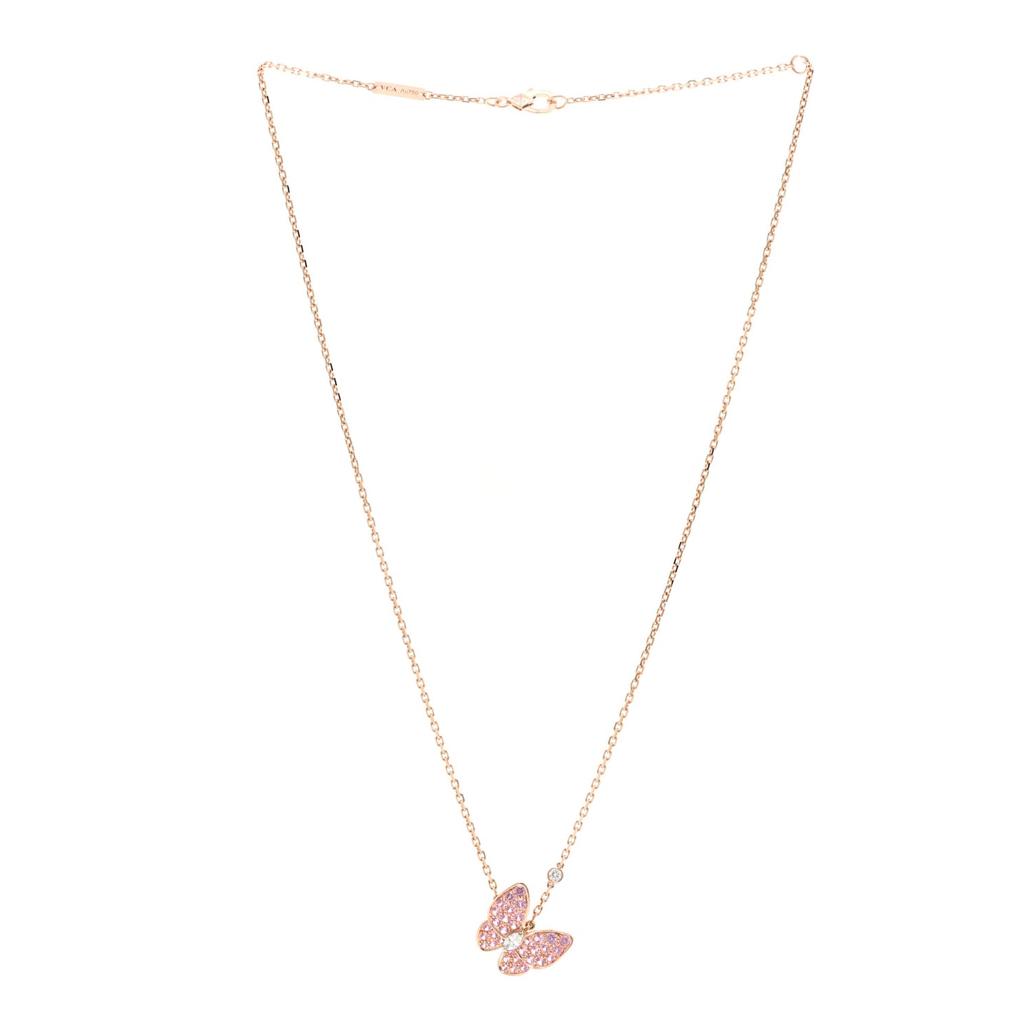 18K Rose Gold Diamond Pink Sapphire Two Butterfly Pendant Necklace