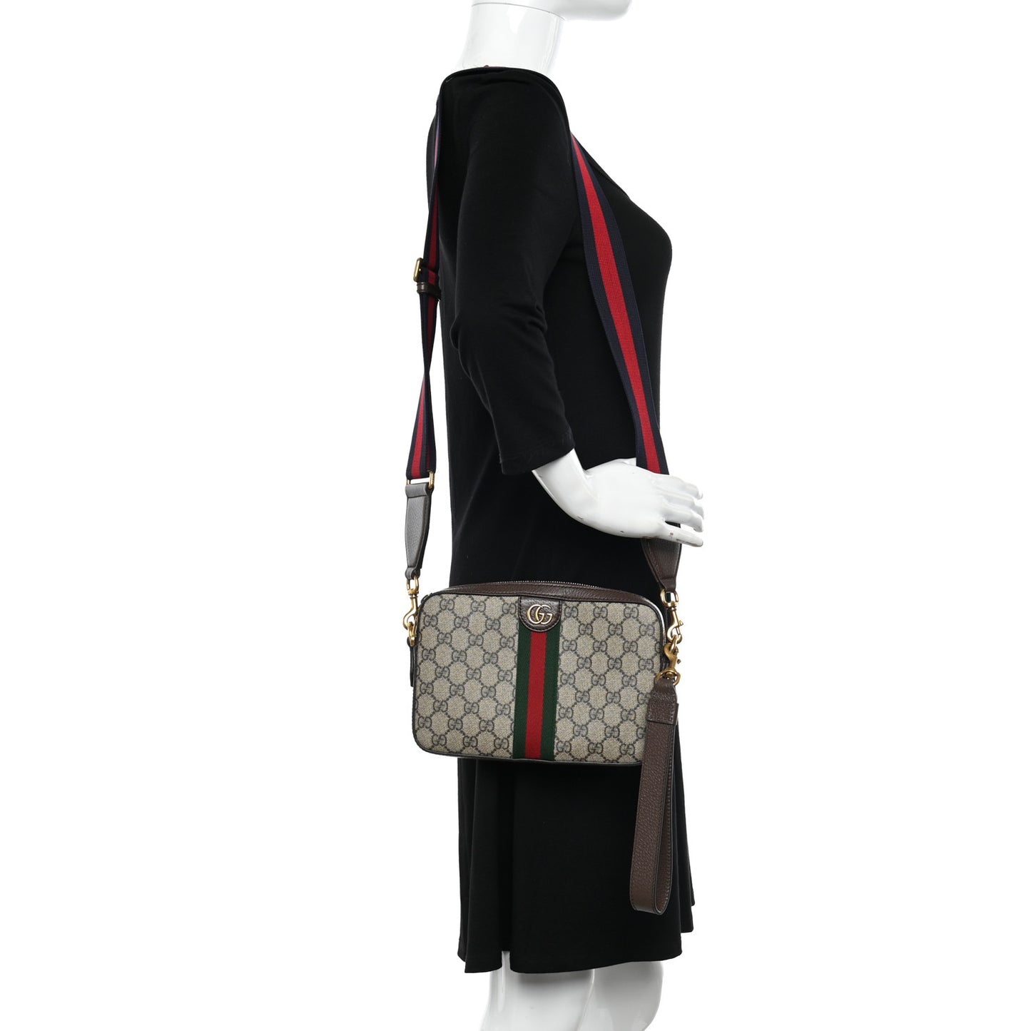 GG Supreme Monogram Textured Dollar Calfskin Web Ophidia Wristlet Shoulder Bag Beige Ebony New Acero