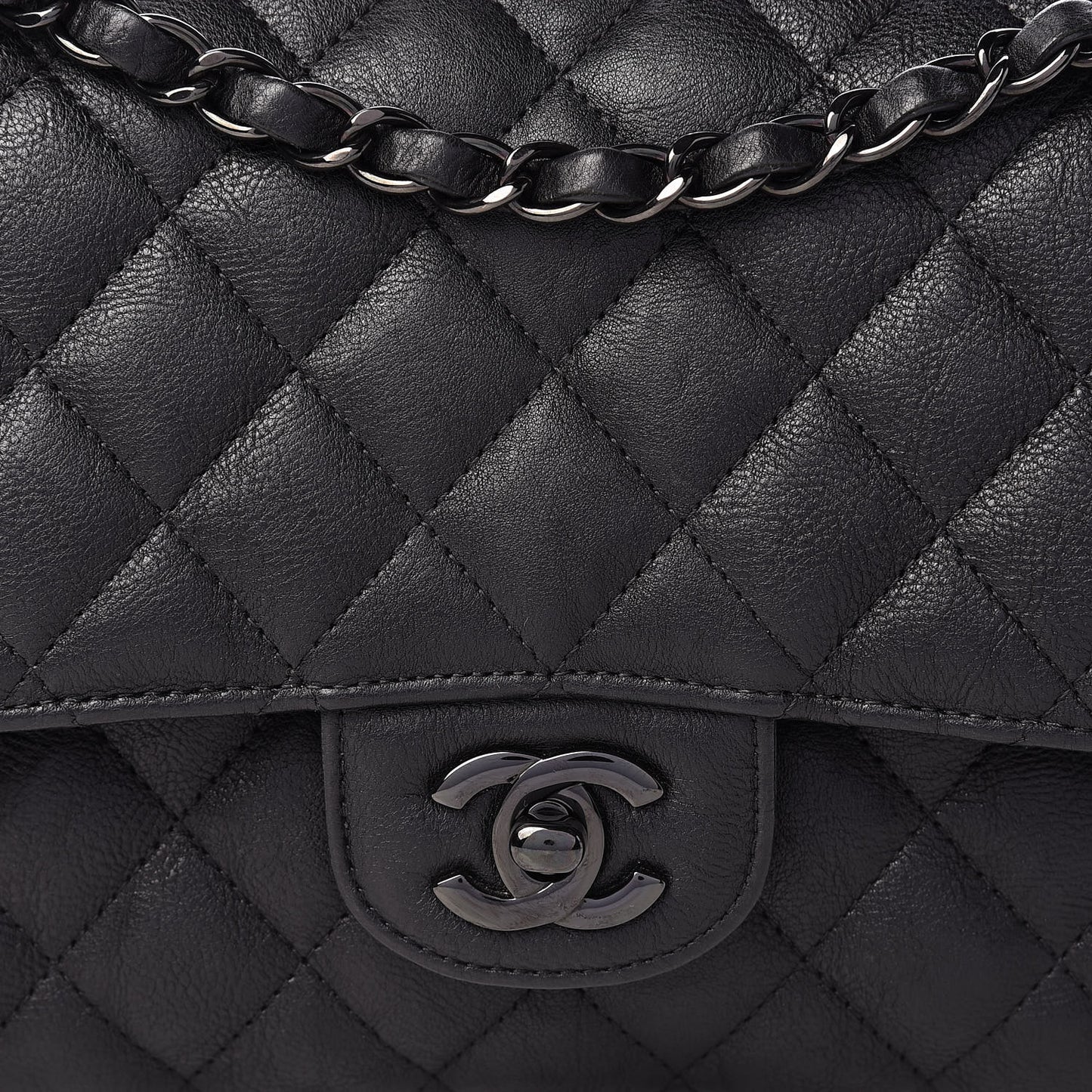 Crumpled Calfskin Quilted Medium Double Flap So Black