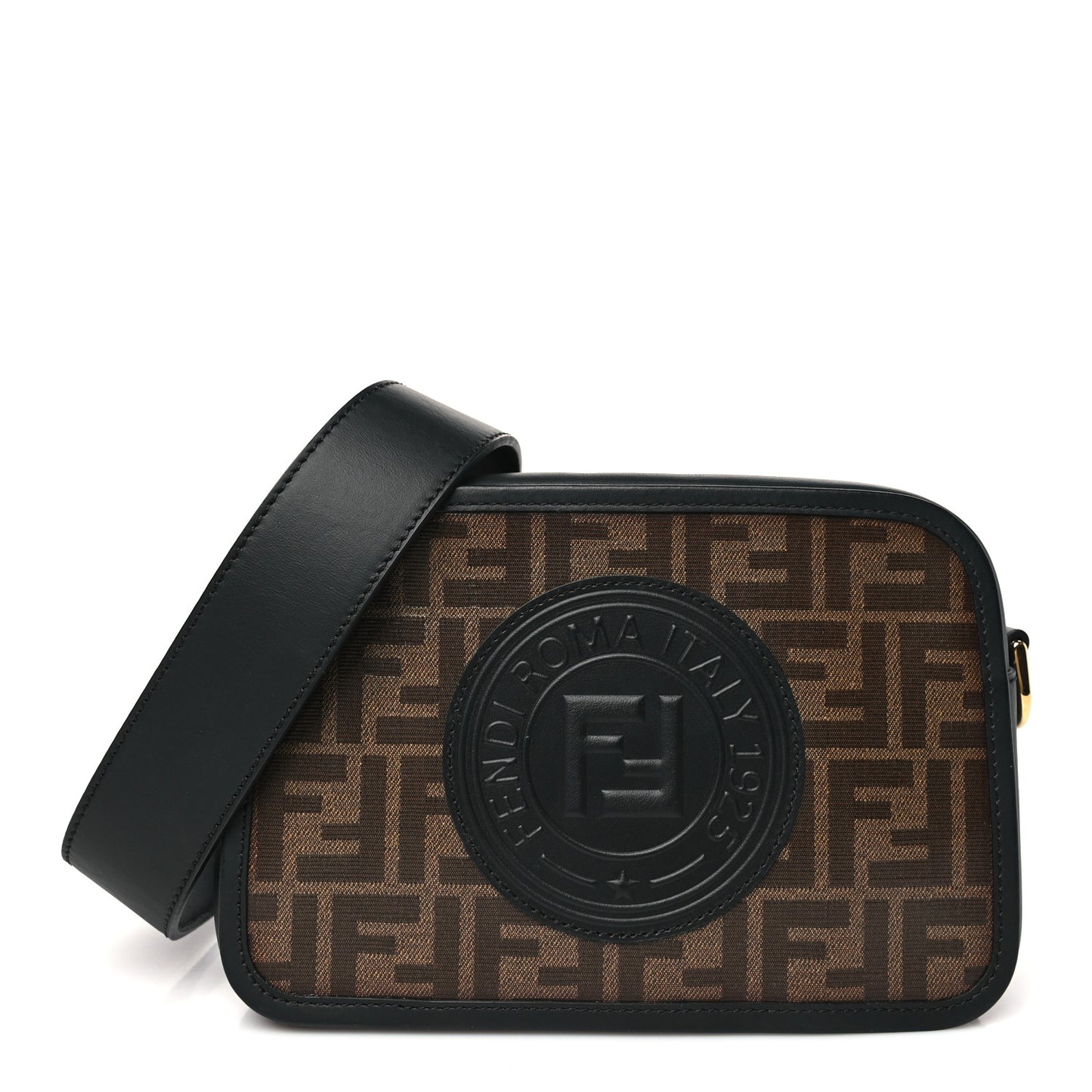 Glazed Fabric Vitello Century F is Fendi FF 1974 Stamp Patch Camera Case Mogano Panna Black
