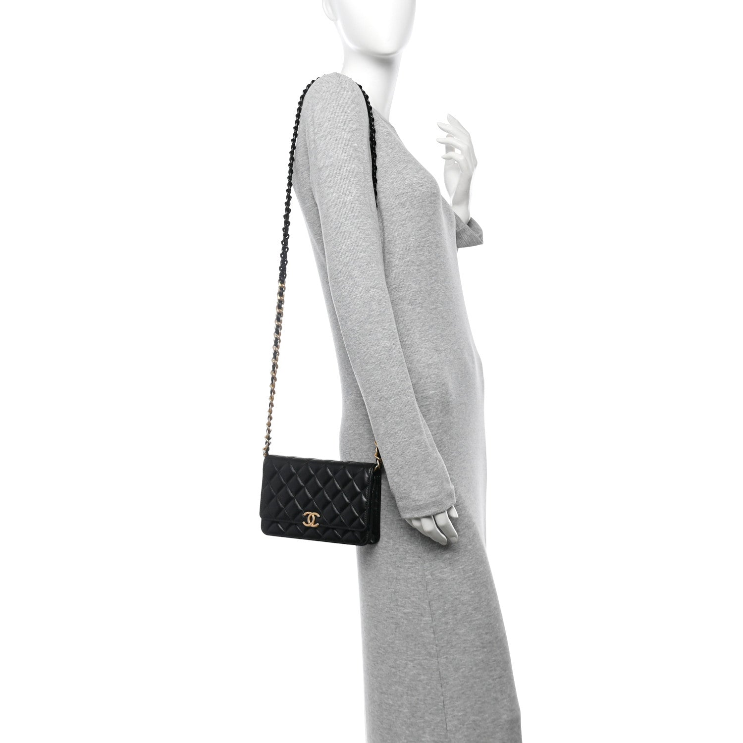 Chanel Lambskin Resin Quilted Wallet On Chain WOC Black 2 of 12