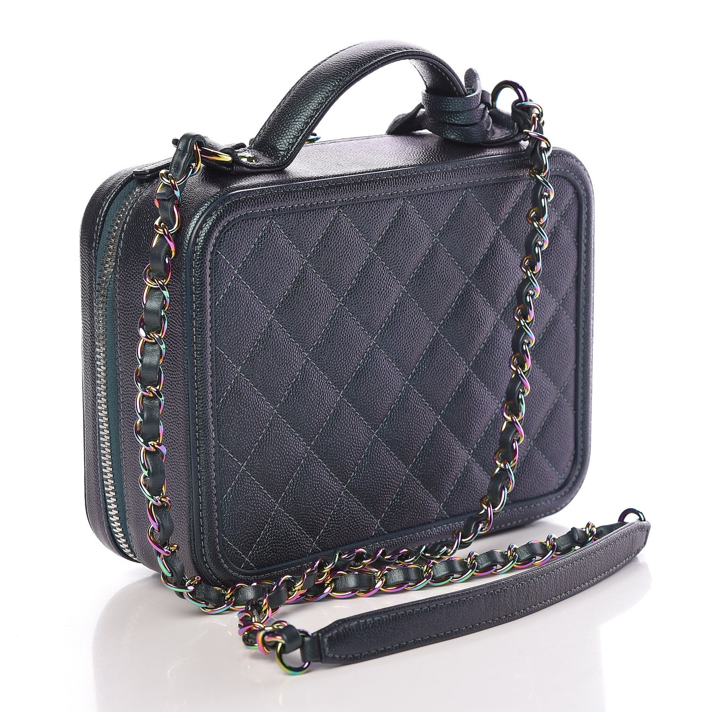 Iridescent Caviar Quilted Medium CC Filigree Vanity Case Dark Turquoise